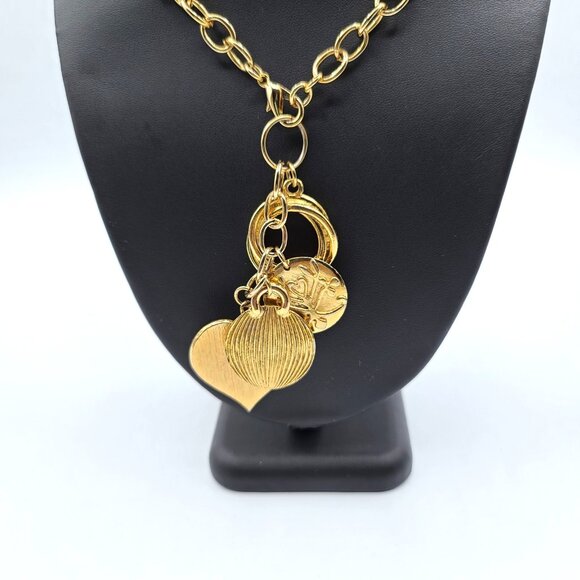 Vintage Goldtone Open Link Choker Necklace Multi Charm Pendant Enamel Hearts - Picture 3 of 10